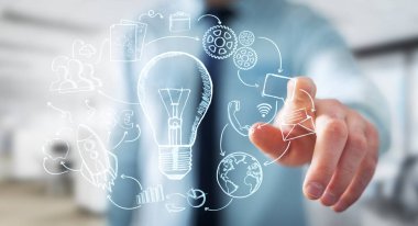 Ampul ve Multimedya simgeler el dokunmadan işadamı çizilmiş