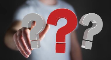 3D render soru işaretleri kullanarak iş adamı