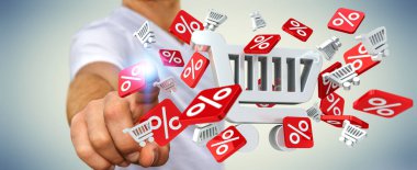 Onun parmak 3d render ile satış simgeler dokunmadan işadamı