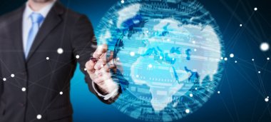 Küresel ağ seyyare yerküre 3d render tutan işadamı