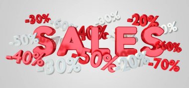 Satış simgeler ve hava 3d render içinde yüzen yüzde