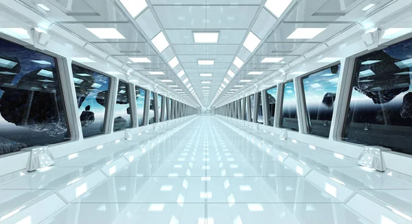 Rymdskepp korridor med utsikt på planeten jorden 3d rendering el — Stockfoto