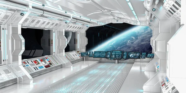 Interior da nave espacial com vista para o planeta Terra 3D renderização el — Fotografia de Stock