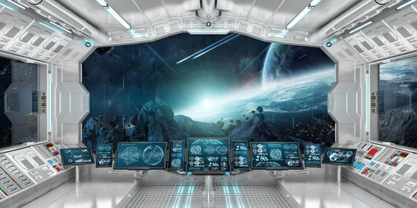 Raumschiff-Innenraum mit Blick auf ferne Planeten System 3D-Rendering — Stockfoto