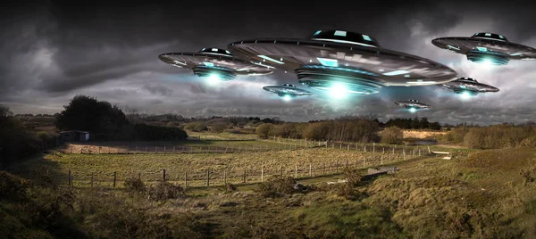 UFO işgal gezegen Dünya'ya landascape 3d render