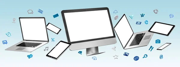 Moderna dator laptop mobiltelefon och surfplatta är ansluten till varje — Stockfoto