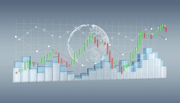 Estatísticas e gráficos da bolsa de valores renderizados em 3D digital — Fotografia de Stock