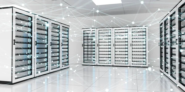 Abstraktes Netzwerk auf Serverraum-Rechenzentrum 3D-Rendering — Stockfoto