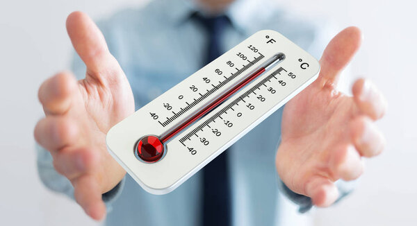 Бизнесмен проверяет повышение температуры 3D рендеринг
