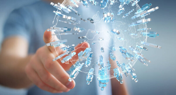 Businessman holding 3D rendering group of people surrounding pla