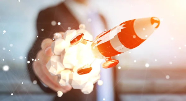 Zakenman die houdt van rode raket in zijn hand 3D-rendering — Stockfoto
