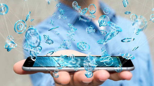 Uçan ağ bağlantısı arabirimi 3d renderi kullanarak iş adamı