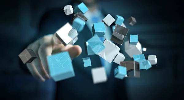 Uomo d'affari toccando galleggiante blu lucido cubo di rete 3D renderi — Foto Stock