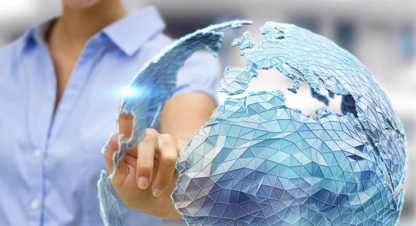 Businesswoman touching global network on planet earth 3D renderi — Stock Photo, Image