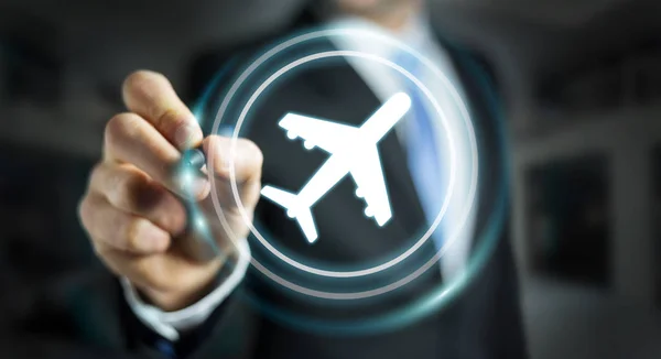 Üzletember a repülés modern digitális alkalmazás 3 foglalás — Stock Fotó