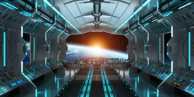 Uzay gemisi iç dünyanın manzaralı Earth 3d işleme el