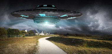 UFO işgal gezegen Dünya'ya landascape 3d render