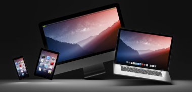 Karanlık modern bilgisayar dizüstü cep telefonu ve tablet 3d render