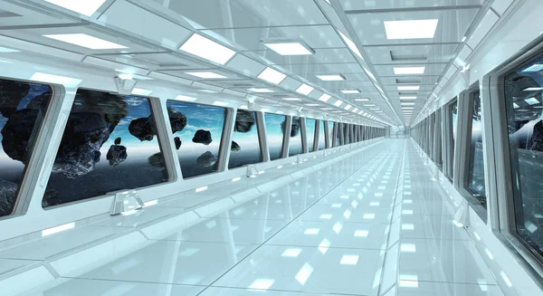 Spaceship corridor with view on the planet Earth 3D rendering el — Stock Photo, Image