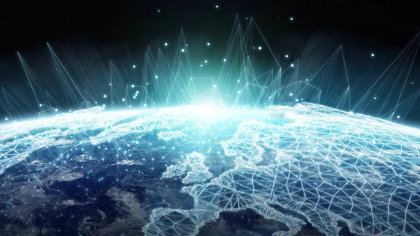 Intercambios globales de redes y datos sobre el planeta Tierra 3D rend —  Fotos de Stock