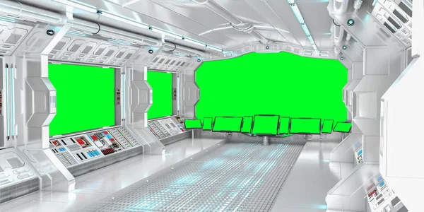 Nave espacial interior con vista sobre ventanas verdes 3D renderizado —  Fotos de Stock