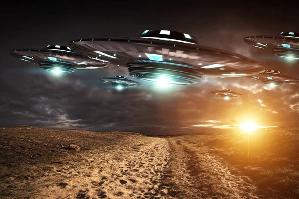 UFO εισβολή στον πλανήτη γη landascape 3d rendering — Φωτογραφία Αρχείου