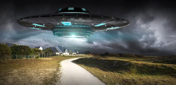 UFO invasie op planeet aarde landascape 3D-rendering — Stockfoto