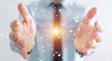 Uçan ağ bağlantısı arabirimi 3d renderi kullanarak iş adamı