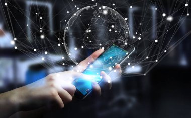 Uçan Dünya ağ arabirimi 3d işlemesini kullanan iş adamı