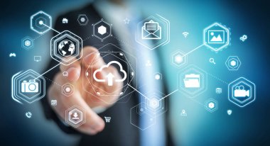 Dijital bulut arabirimi 3d rendering kullanarak iş adamı