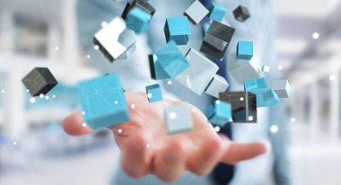 Mavi parlak küp ağ 3d renderin yüzen tutan işadamı