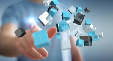 Kayan mavi parlak küp ağ 3d renderi dokunmadan işadamı