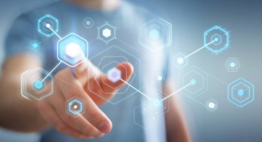 Dijital ekranlar hologramlar veriler 3d render ile kullanarak iş adamı