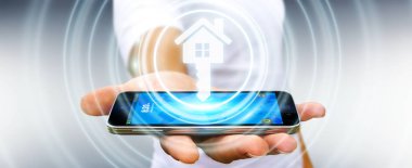 3D render simgesi evi elinde tutan işadamı