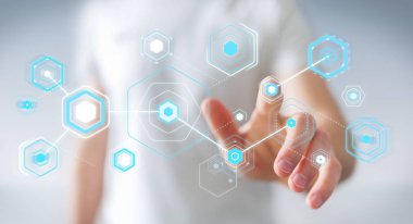 Dijital ekranlar hologramlar veriler 3d render ile kullanarak iş adamı