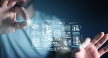 Dijital ekranlar hologramlar veriler 3d render ile kullanarak iş adamı