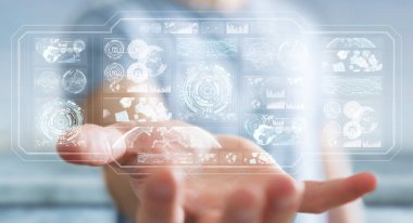 Dijital ekranlar hologramlar veriler 3d render ile kullanarak iş adamı