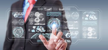 Dijital ekranlar hologramlar veriler 3d render ile kullanarak iş adamı