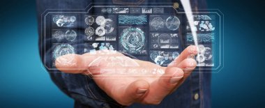 Dijital ekranlar hologramlar veriler 3d render ile kullanarak iş adamı