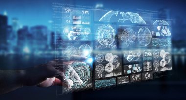 Dijital ekranlar hologramlar veriler 3d render ile kullanarak iş adamı