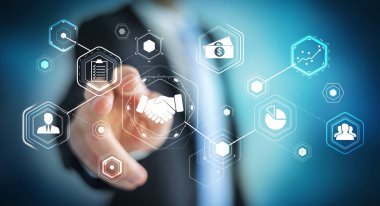 Ortaklık iş için dijital sunum kullanarak iş adamı 