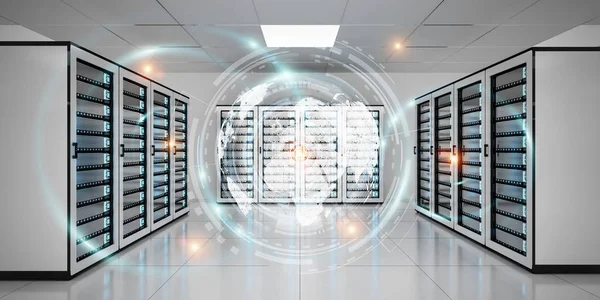 Graph holograms flying over server room data center 3D rendering — Stock Photo, Image