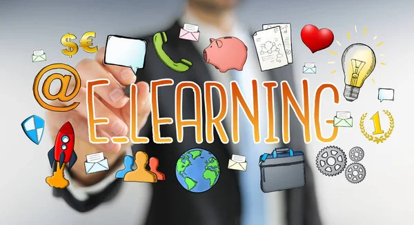 Geschäftsmann zeichnet handgezeichnete E-Learning-Präsentation — Stockfoto