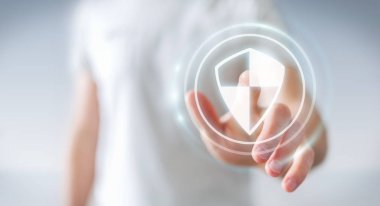 Onun verileri korumak için kalkan güvenli koruma kullanarak işadamı 3d