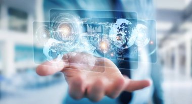 Hologram ekran işadamı 3d render tarafından kullanılan dijital veriler ile