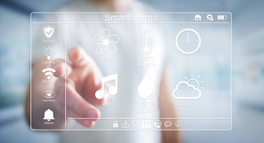 Akıllı ev dijital arabirimi 3d işlemesini kullanan iş adamı