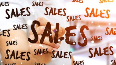 İşadamı kalem 3d render ile satış simgeler dokunmadan