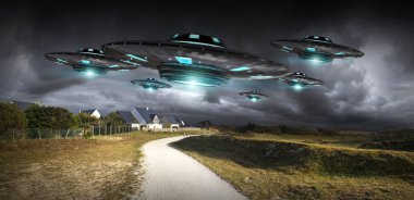 UFO işgal gezegen Dünya'ya landascape 3d render