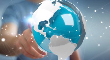 Uçan beyaz kullanarak işadamı ve mavi 3d render dünya