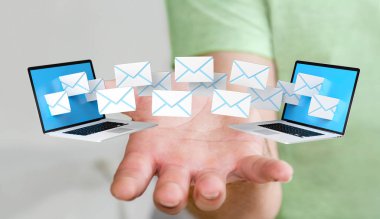 İşadamı onun dijital cihazlar 3d renderin üzerinde e-posta alma